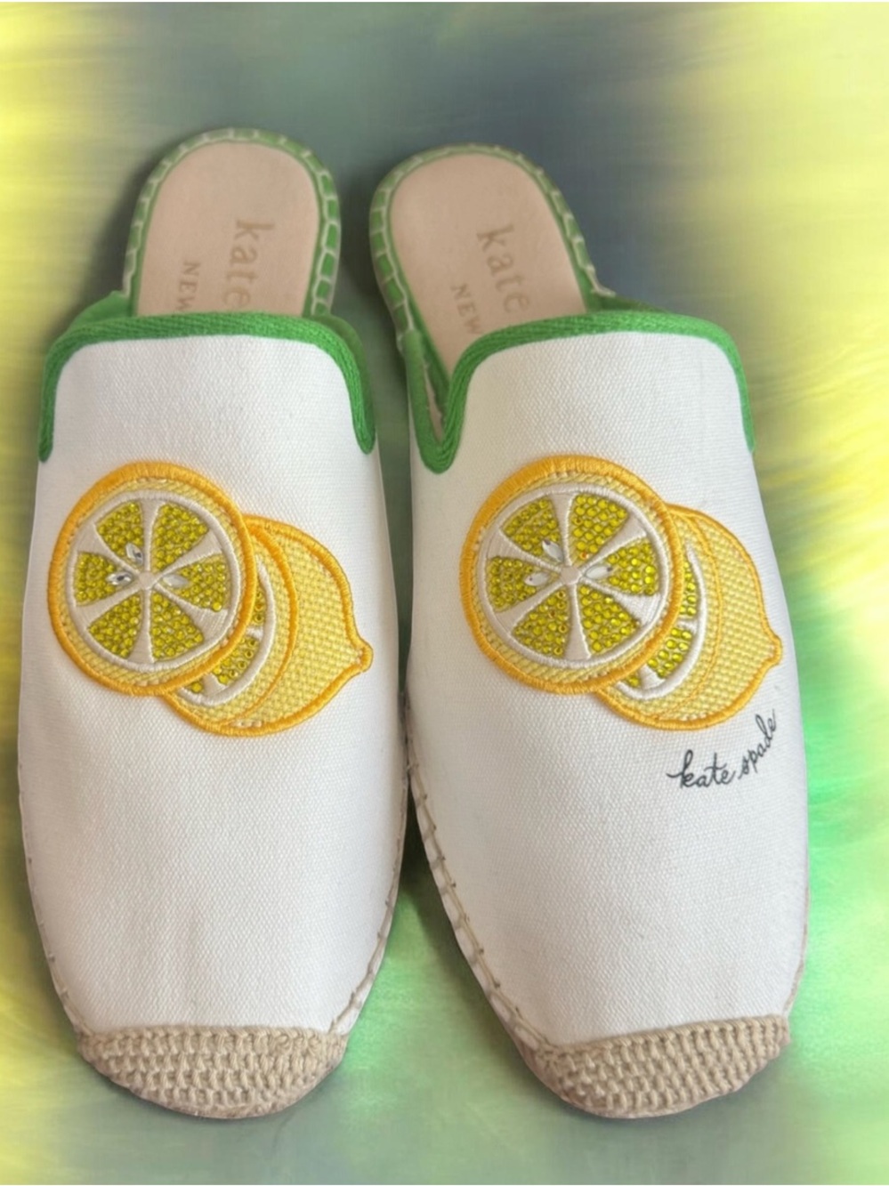 KATE SPADE LEMON SEQUIN ESPADRILLES SLIDES 8.5